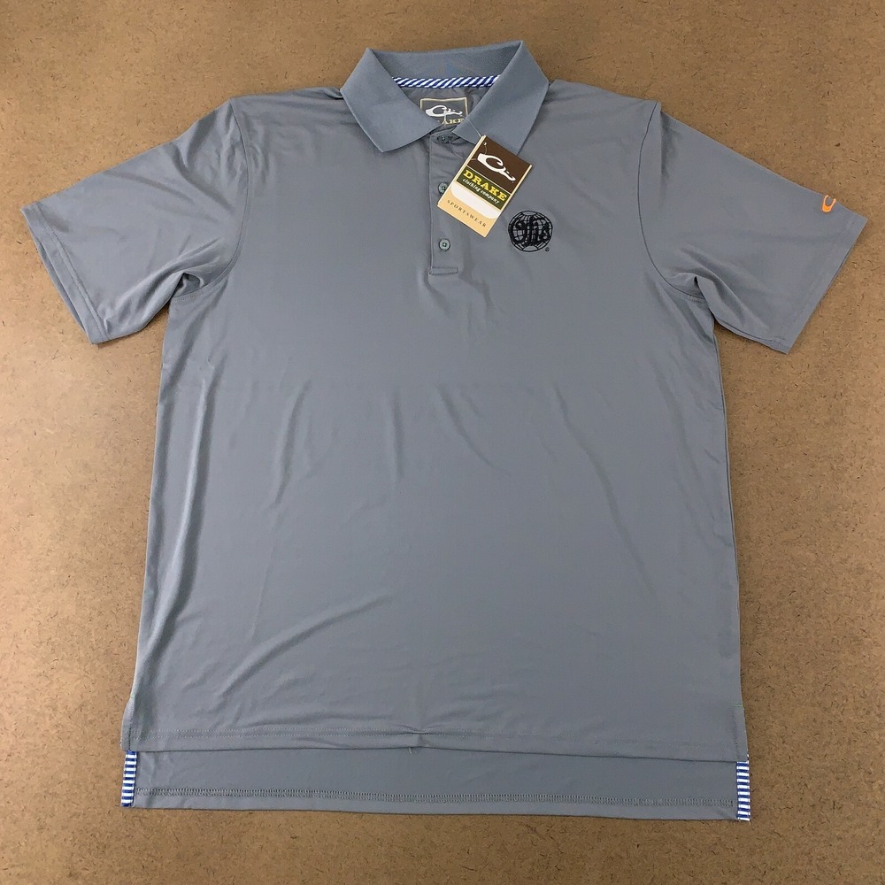 Drake Men's Size Large Stone Gray Otis Logo Performance Stretch Polo NWT